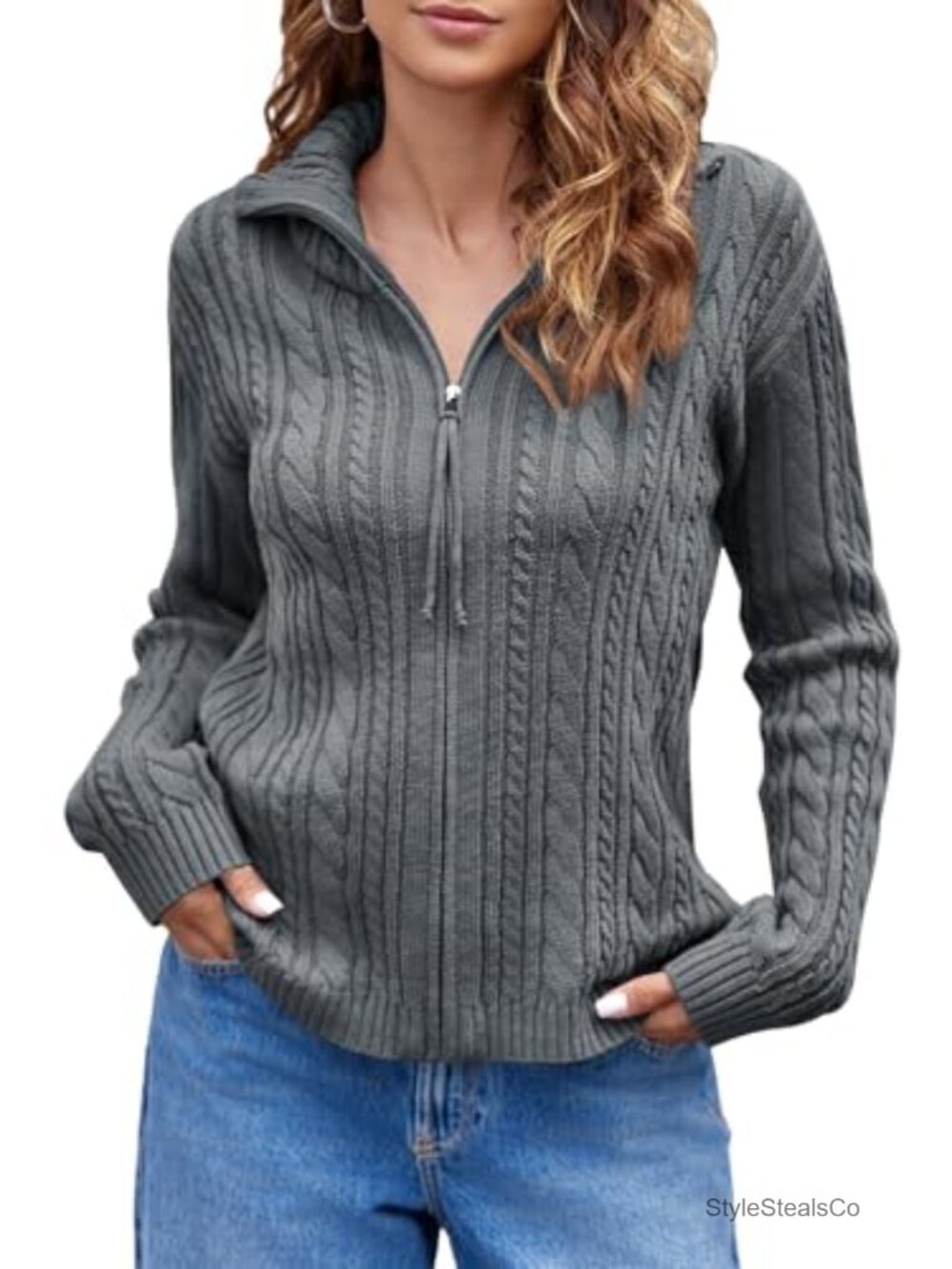 Womens Cable Knit Zip Up Cardigan Collared Long Sleeve Vintage Sweater